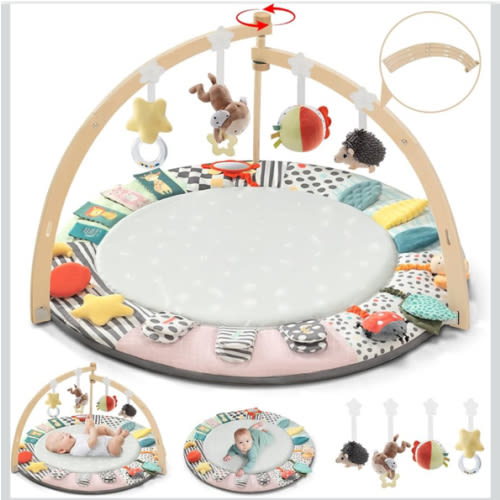 Baby Play Mat Activity Gym,6 Developmental Zones Tummy Time Mat, Foldable Wooden Baby Play Gym with 7 Detachable Sensory Toys for Newborn Brain Development, Essential Baby Shower Set