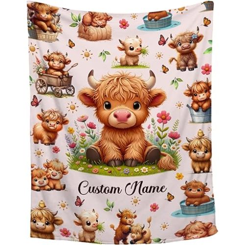 Custom Highland Cow Blanket,Personalized Baby Highland Cow Blanket,Custom Baby Blanket with Name,Soft Cozy Personalized Name Blankets for Kids,Baby Gift Blanket,30"x40"-Toddler Size for Baby/Pet