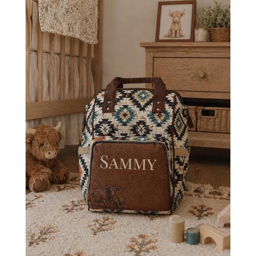 Western Diaper Bag Backpack Personalized | Aztec Longhorn Baby Bag | Faux Leather Cowhide Cowboy Baby Shower Gift | Western Nursery Bag