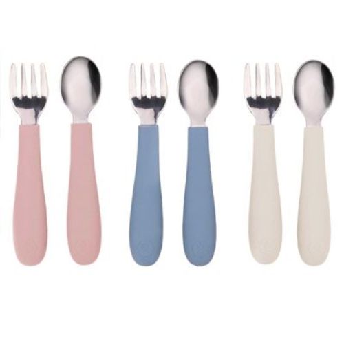 Weesprout Toddler Utensils, 3 Forks & 3 Spoons, 18/8 Stainless Steel & Food Grade Silicone - Matte Blue, Pink, Off White