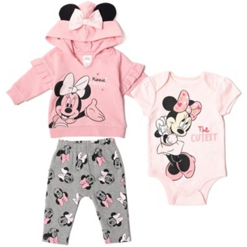 Disney Classics Mickey Mouse Winnie the Pooh Baby Hoodie Bodysuit and Pants 3 Piece Outfit Set Newborn to Infant, Color: Minnie mouse, pink, Size: 3-6 months