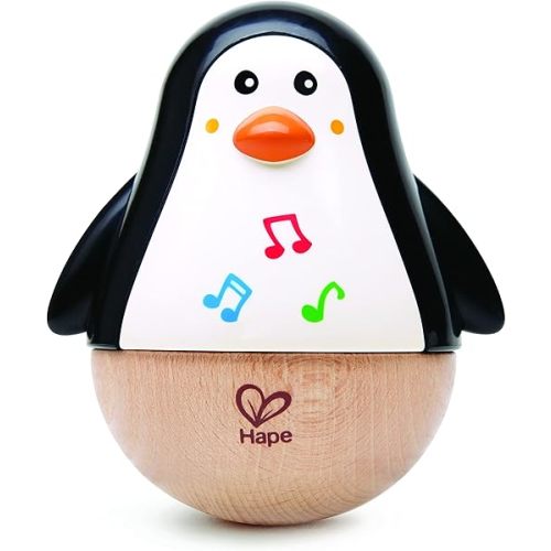 Hape Wooden Penguin Musical Toy| Wobbler Roly Poly Baby Development Toy for Infants Toddlers, Black