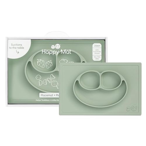 ezpz Happy Mat (Sage) - 24 Months+ - 100% Silicone Suction Placemat + Divided Plate with Three Compartments - Toddler + Preschool Essentials