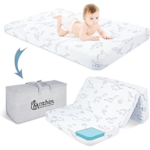 Mochen Trifold Pack and Play Mattress 38x26 Dual-Sided Memory Foam Pack n Play Mattresses Pad with Removable Dinosaurs Cover & Carry Bag, Portable Travel Mattress for Pack N Play Playpen