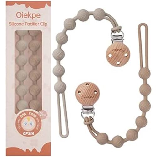 Pacifier Clips for Baby Boys Girl - 100% Food Grade Silicone, One Piece Pacifier Clip Holder, Wooden Clips Design, Paci Clip Soothe Baby Binky Holder for Shower Birthday Gift(Sand+Linght Grey)…