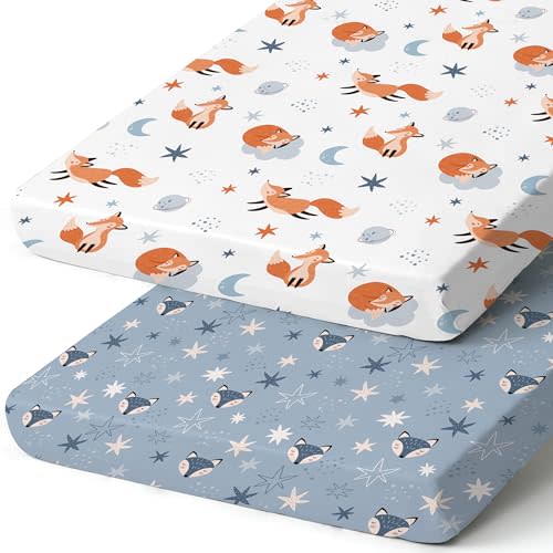 Pack n Play Sheets, BROLEX 2 Pack Mini Crib Sheets,Stretchy Portable Fitted Playard Sheet Set, Convertible Playard Mattress Cover,Ultra Soft Breathable Material,Starry Fox