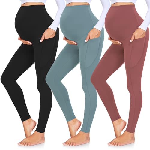 GROTEEN 3 Pack Women's Maternity Leggings with Pockets Over The Belly Workout Yoga Pregnancy Pants
