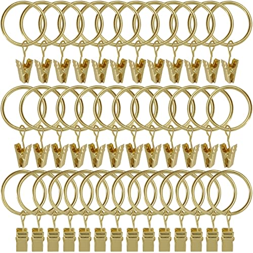 WeeksEight 40 Pack Gold Curtain Rings with Clips, Curtain Hooks Hangers Clip Rings for Hanging Drapes Bows Hat, Drapery Rings 1.26 in I D, Fits up to 1 in Diameter Curtain Rod.