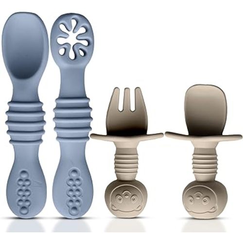 4pc Silicone Self feeding baby utensils 6-12 months Baby Led Weaning, Baby Feeding Utensils, Toddler Cutlery Set, BPA Free, Dishwasher Safe, Baby eating essentials (Gray/Beige)