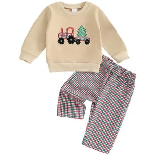 Toddler Baby Boy Christmas Outfit Christmas Tree Crewneck Sweatshirt Long Sleeve Shirt Plaid Pants Fall Clothes