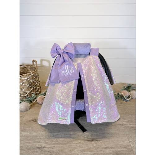 Sequin car seat canopy/car seat cover/iridescent with lavender