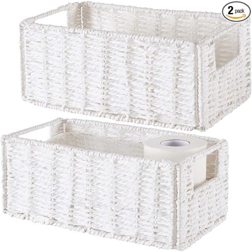 Vagusicc Wicker Storage Basket, Set of 2 Hand-Woven Paper Rope Wicker Basket, Small Storage Baskets for Organizing Toilet Paper Basket, Foldable Large Cube Storage Organizer Bins for Shelves (White)