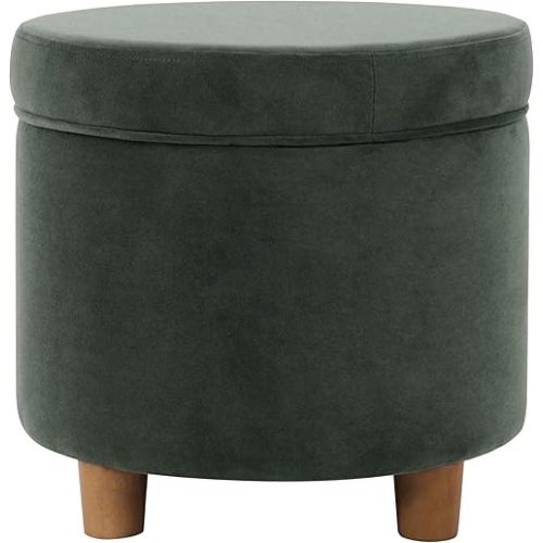 HomePop Home Decor | Upholstered Round Storage Ottoman | Ottoman with Storage for Living Room & Bedroom, Loden Green Velvet Large