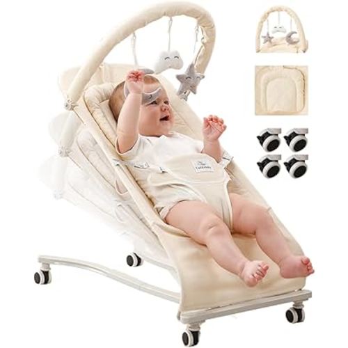 Cuddobaby Baby Bouncer for Newborn, Wheels with Brakes, Soft Plushies, 100% Cotton, Adjustable Bouncy Chair up to 20Lbs 0-6, 3-6, 6-12 Months - Oat