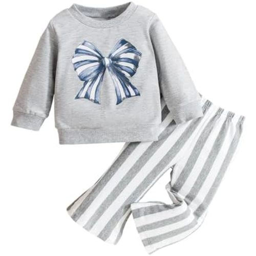 Toddler Baby Girl 2pcs Set Bow Long Sleeve Sweatshirt Striped Flare Pants Set Little Girls Outfits