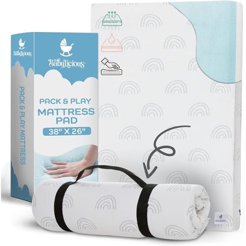 Waterproof Pack and Play Mattress Topper - 38" x 26" | Roll Up Style - Breathable Soft Memory Foam - Portable Playard Mattress Topper- Baby Foam Playpen Mattresses for Babies - Boho Design