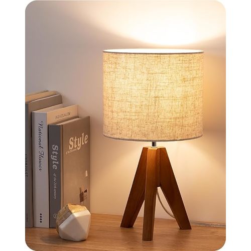 EDISHINE Tripod Table Lamp, Small Cute Bedside Lamp with Linen Beige Lampshade, Nightstand Lamp for Nursery, Bedroom, Kid Room, Living Room, Light Brown Wooden Base, E26 Socket, 14.2 Inch