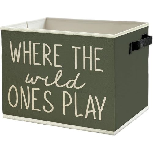 Olive Green Boho Classroom Storage Bins Box with Handles, Where the Wild Ones Play Collapsible Basket Organizer for Kids Playroom Nursery Bedroom Bathroom Toys Books Clothes