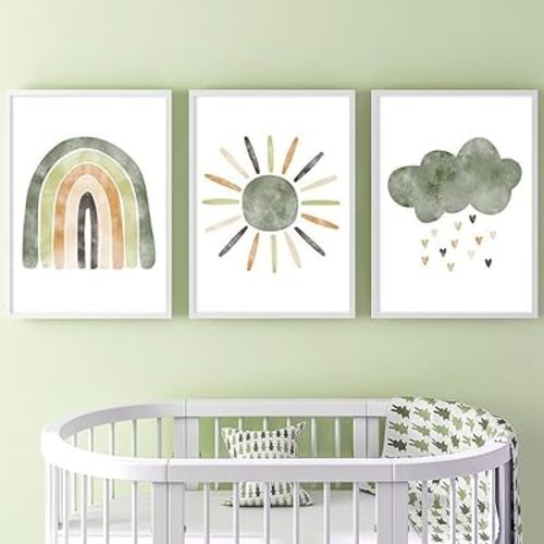 3Pcs Boho Nursery Decor Neutral Boy Sage Green Wall Prints Baby Cloud Sun Rainbow Wall Art Posters for Kids Room Canvas Picture 12x16 Unframed