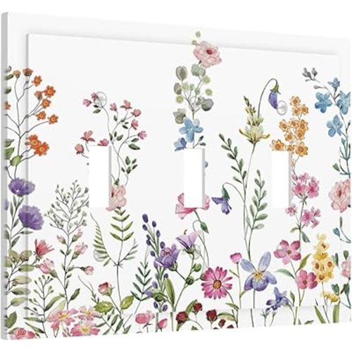 Rustic Wild Floral Vintage Watercolor Flower 3 Gang Wall Plates Decorative Triple Toggle Light Switch Cover Electrical Switchplate Unused Decorate Faceplate for Bathroom Home