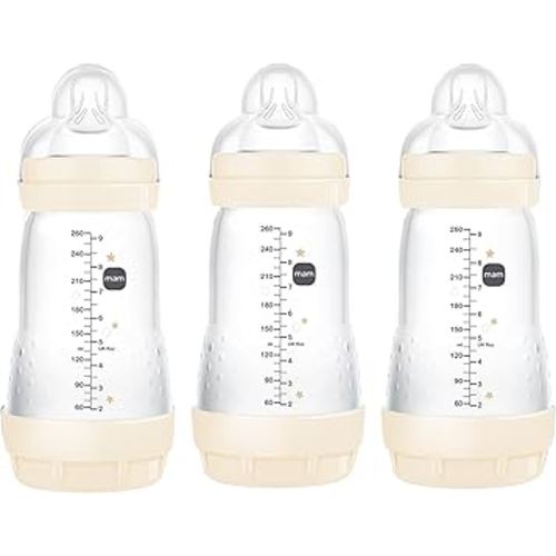 MAM Easy Start Anti-Colic Bottle, Baby Essentials, Medium Flow Bottles with Silicone Nipple, Unisex Baby Bottles, Designs May Vary, 9 oz (3-Count),