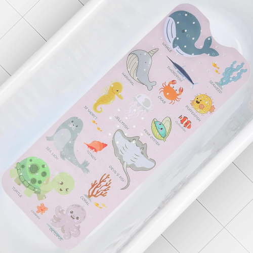 Baby Bath Mat, Cartoon Kids Bathtub Mat Non Slip for Toddler Bath Shower Anti Slip, 40In X 16In with Drain Holes and Suction Cups Machine Washable, Blue Sea Animals