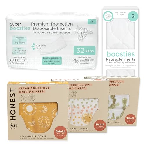 Honest Hybrid Cloth Diaper Cover + Super Boosties Disposable Inserts 32ct + Reusable Inserts, Small (8-15 lbs), Cotton Muslin Honest Covers Feature Pocket-Sling, Starter Kit