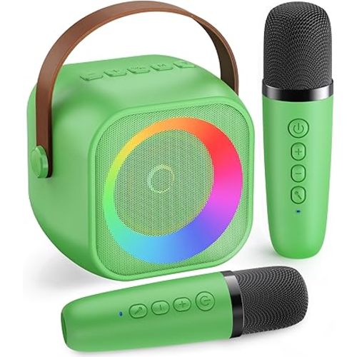 Mini Karaoke Machine:Portable Bluetooth Karaoke Microphone Singing Speaker with 2 Wireless Mic and Light Kids Adults,Christmas Birthday Gifts for Girls Boys Family Home Party(Green)