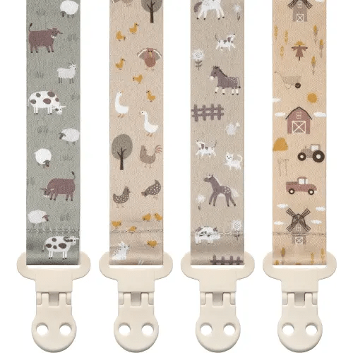 Baby Pacifier Clip Holder - Girl or Boy Unisex 4 Pack Gift Set – Farm Animals Barn and Tractors Neutral