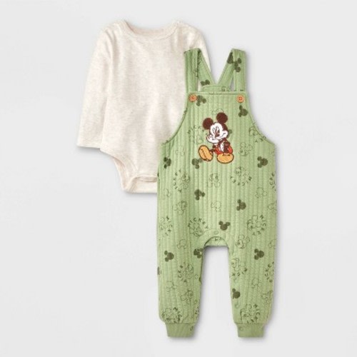 Baby Boys' 2pc Disney Mickey Mouse Long Sleeve Bodysuit & Overalls Set - Green 3-6M