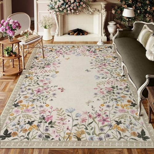 Wonnitar Washable 6x9 Area Rugs, Large Living Room Rug, Non-Slip Soft Floral Rugs for Bedroom, Botanical Area Rug Carpet for Dining Room Guest Room (Beige,6'x9')