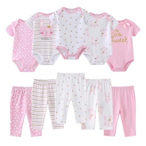Ruliby Baby Bodysuit and Pant Set 10-pcs Cotton Soft Newborn Clothes Outfits