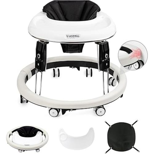 Baby Walker with Wheels, Anti-Collision Design One-Touch Folding Baby Walker, Anti-Roll 8-Wheel Round Chassis, 7-Gear Height Adjustable, with Large Dinner Plate and Brake for Baby from 6-18M