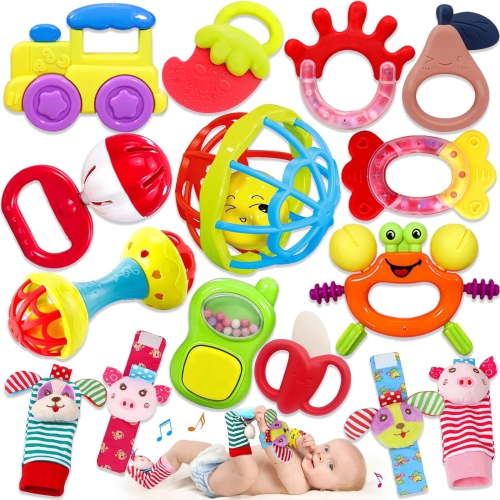 Ludolm Baby Rattles 0-12 Months, Teething Toys, BPA-Free, 15PCS Rattle Set, Wrist Socks