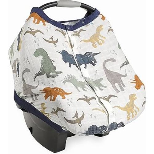 Little Unicorn 100% Cotton Muslin Car Seat Canopy | Super Soft Lightweight Cover with Window | Breathable | Magnetic Closure | Baby and Infant | Machine Washable | Shower Gift (Dino Friends)