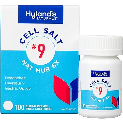 Hyland's No. 9 Cell Salt Nat Mur 6X Tablets, Relief of Headache, Constipation, Heartburn, and Bloating, Natural Remedy for Water Retention, Indigestion, Colds, Gastric Upset, 100 Count