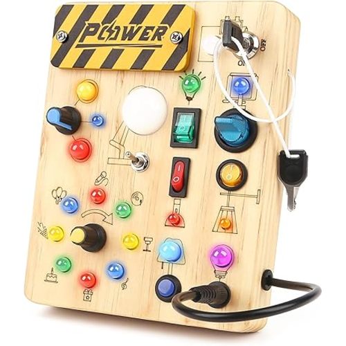Joyreal Montessori Busy Board Wooden Sensory Toys for Toddler with LED Light Up Switch, Baby Fidget Board Travel Toys for 18+ Months, 1 2 3 Year Old Boys Girls Toddler Toy Gifts (Classic)