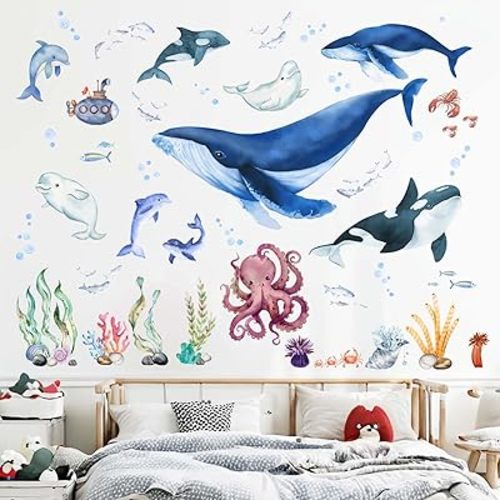 Under The Sea Fish Wall Decals - Whale Shark Squid Dolphin Ocean Animals Wall Stickers - Baby Nursery Kids Boy Girls Room Bedroom Bathroom Daycare Playroom Classroom Wall Decor