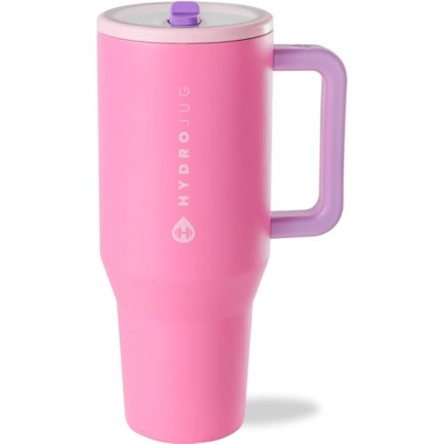 HydroJug Traveler - 40 oz Water Bottle with Handle & Flip Straw - Fits in Cup Holder, Leak Resistant Tumbler-Reusable Insulated Stainless Steel & Rubber Base - Gifts for Women & Men, Pink Sugar