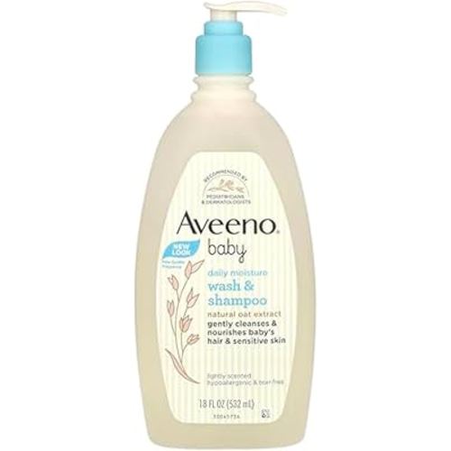 Aveeno Baby Daily Moisture Gentle Body Wash & Shampoo with Oat Extract, 2-in-1 Baby Bath Wash & Hair Shampoo, Tear- & Paraben-Free for Hair & Sensitive Skin, Lightly Scented, 18 fl. oz