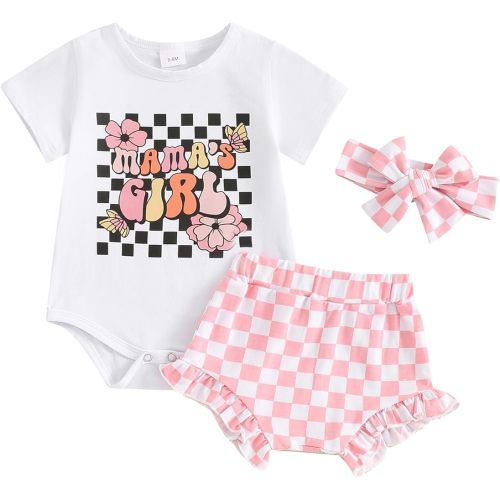 Newborn Baby Girl Clothes Mama's Girl Short Sleeve Romper Flower Ruffle Shorts Headband Set 3Pcs Summer Outfits