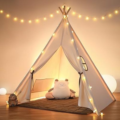 besrey Kids Tent, Teepee Play Tent with Lights and Padded Mat, Portable Cotton Tipi for Indoor Reading and Playtime