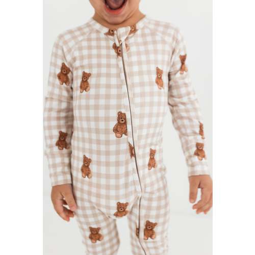 Teddy Gingham Zipper Romper