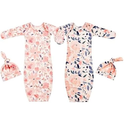 Newborn Baby Sleeper Gown with Hat Knotted Gown Nightgown Coming Home Outfits for Baby Girl 2 Pieces Set