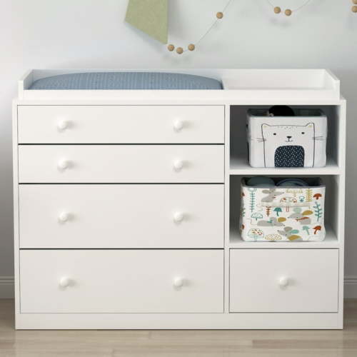 "MONSLIPA Wooden Furniture Nursery Dresser, Baby Chest with 5 Drawers & 2 Shelves, White (47.2""L x 19.7""W x 33.3""H)"