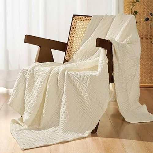 PHF 100% Cotton Waffle Weave Throw Blanket, Soft Lightweight Breathable Cozy Throws for Couch Bed Sofa, Luxury Aesthetic Woven Blanket for Home Decor & Office, 50"x60", Cannoli Cream
