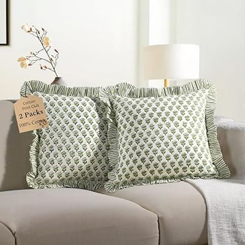 CPC Emerald Green Ruffle Throw Pillow Covers for Couch, 18x18 Inch Cotton Stripe Ruffle Couch Pillows for Living Room, Hidden 14 Inch Zipper Boho Pillow Case or Cute Outdoor Pillows