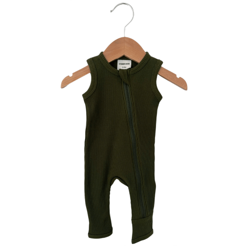 Organic Waffle Sleeveless Zip Romper, Forest
