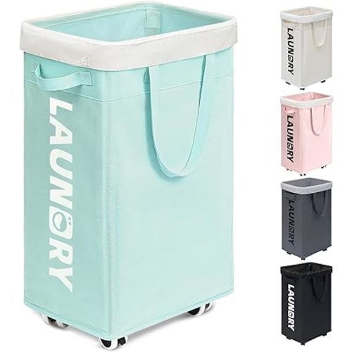 Goodpick Rolling Laundry Basket with Wheels,75L Large Collapsible Laundry Hamper with Removable Wash Bag Space for living room, Blue