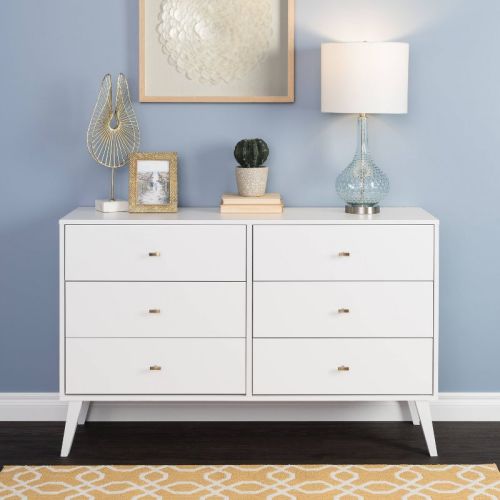 Mid-century Modern 6 Drawer Dresser White - Prepac: Laminated, Mdf, Metal Glides, Assembly Required